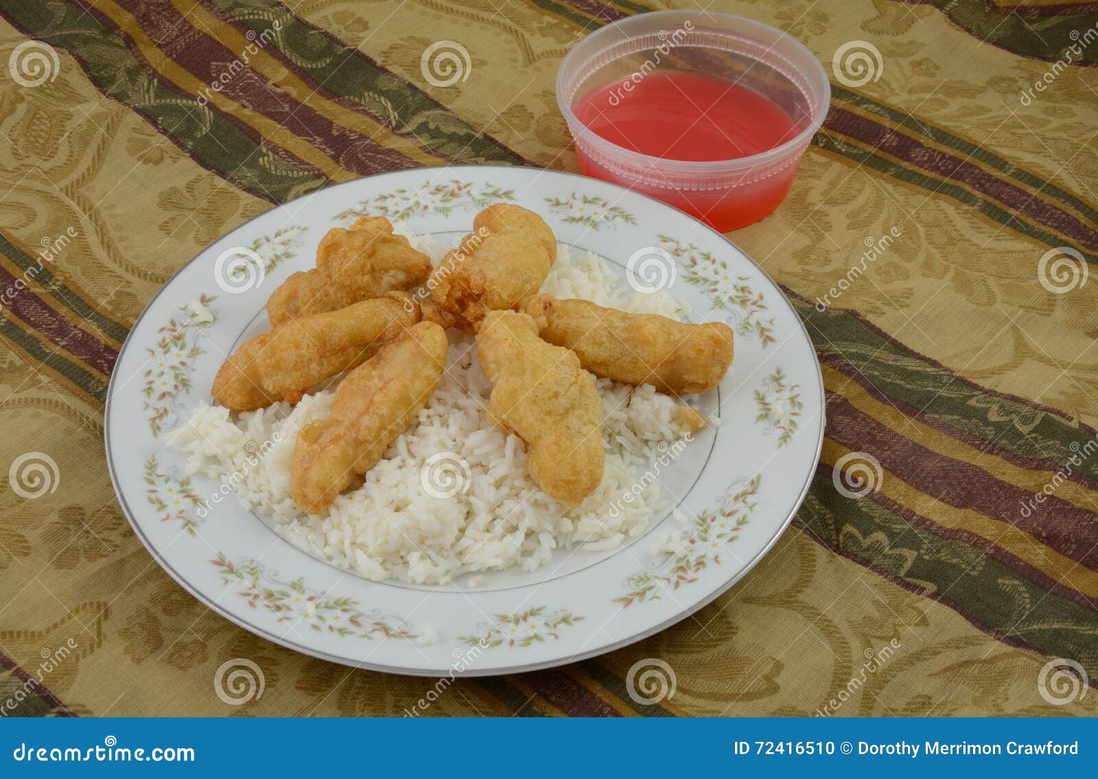 Sweet and Sour Chicken with White Rice and Sauce on Plate Stock Photo
