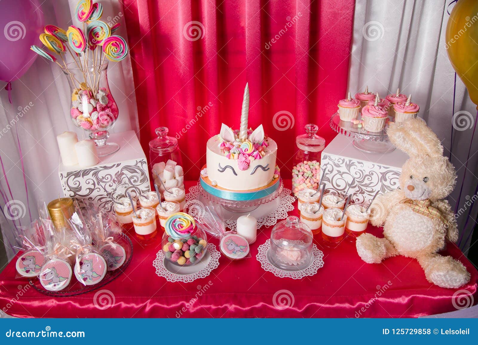 Sweet Table And Big Unicorn Cake For Baby Girl First Birthday Candy