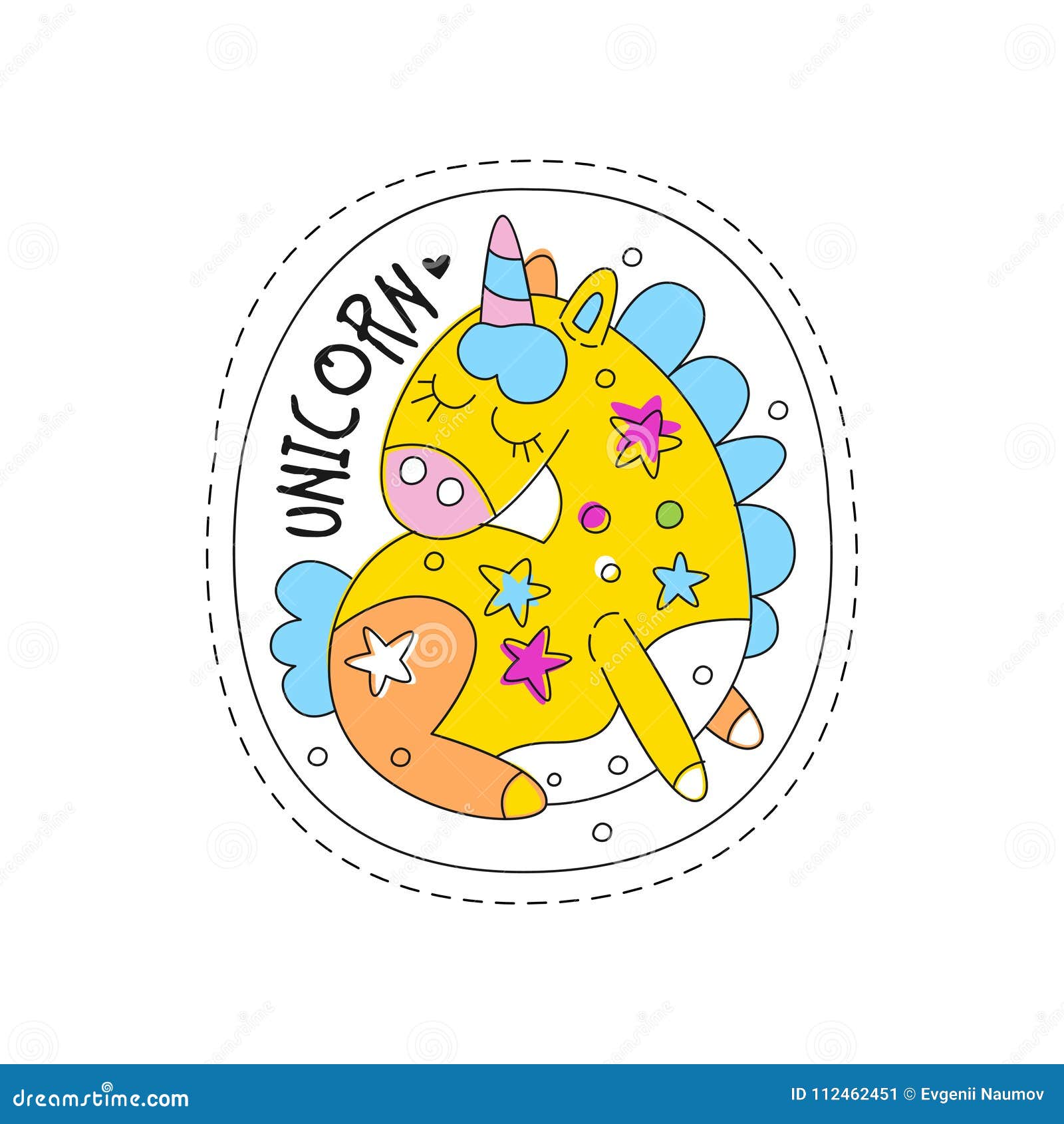 sweet unicorn with closed eyes childish patch badge, cute cartoon yellow animal sticker hand drawn  