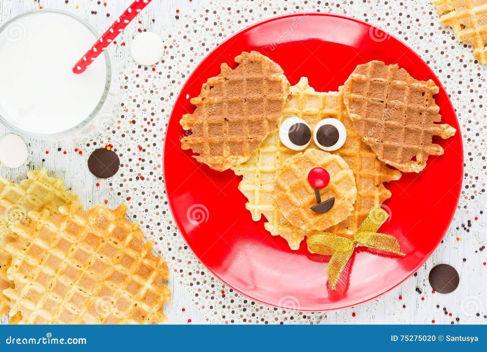 Sweet Waffles with Chocolate and Milk for Baby Breakfast. Creative