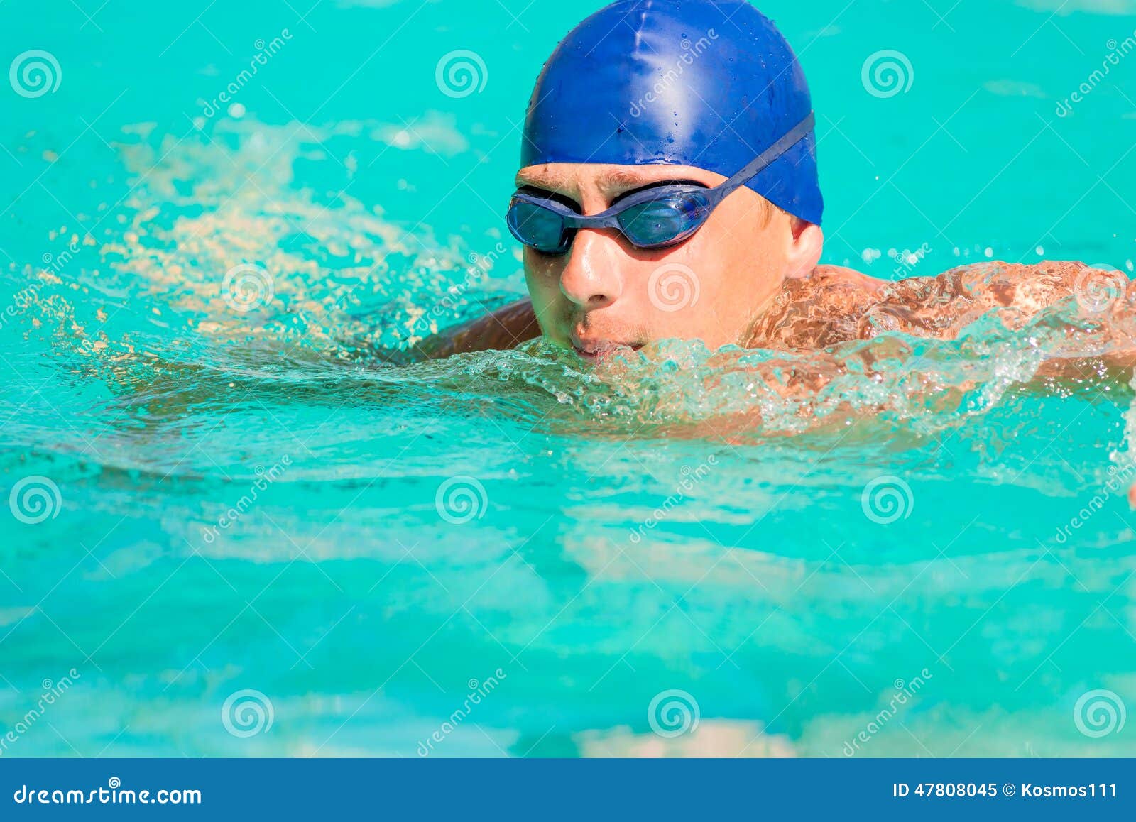 Swimmer in Blue Cap and Goggles Swimming in Pool Stock Image Image of athlete, energy 47808045