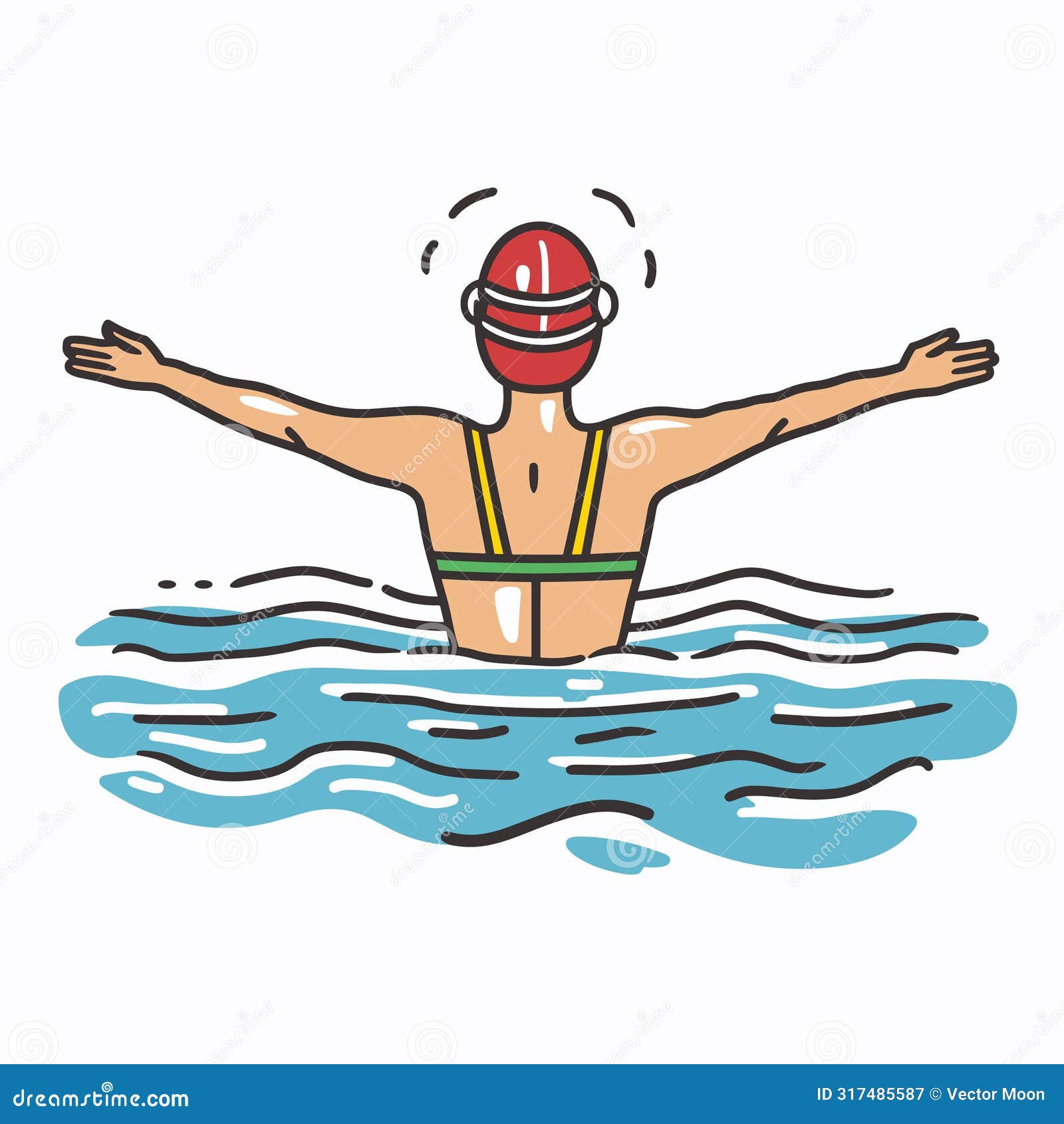 swimmer demonstrating open arms gesture water, safety helmet, sports . male athlete