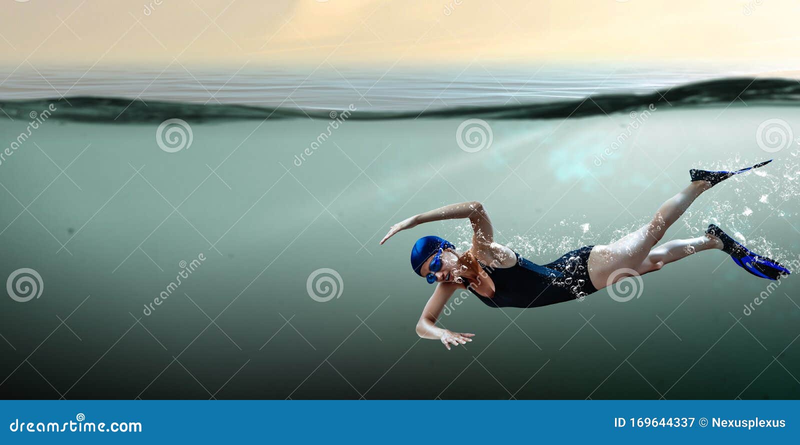 Swimmer in Flippers. Mixed Media Stock Image - Image of ocean, healthy ...