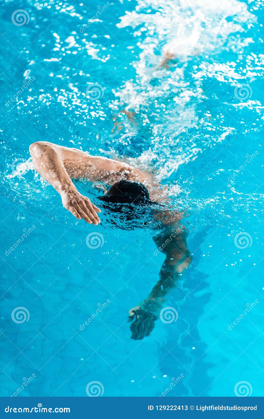 Athletic Swimmer in Cap and Goggles Swimming Stock Image Image of