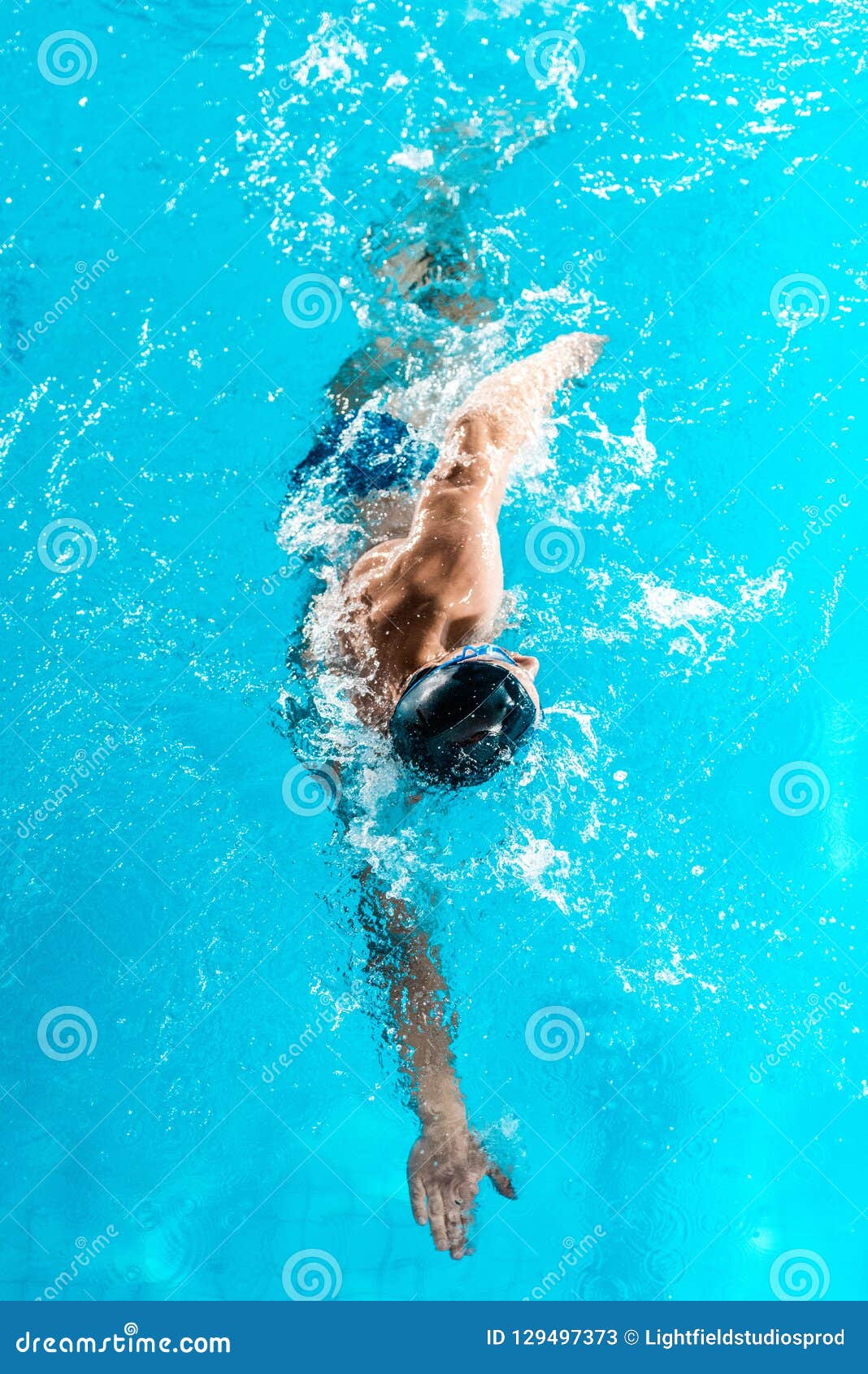 Athletic Swimmer in Cap and Goggles Swimming Stock Image Image of