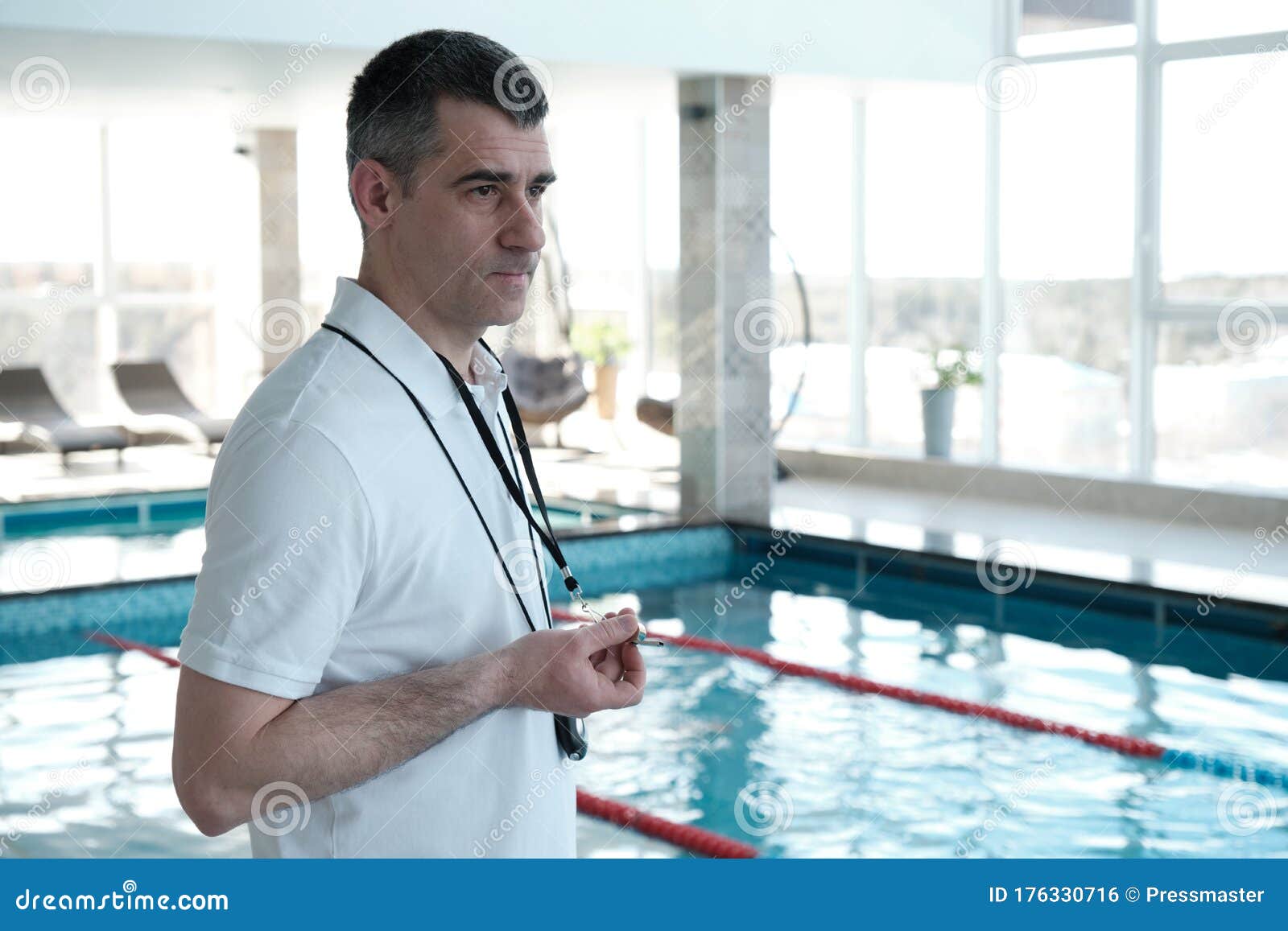 Swimming Coach with Stopwatch Stock Photo Image of viewpoint, working