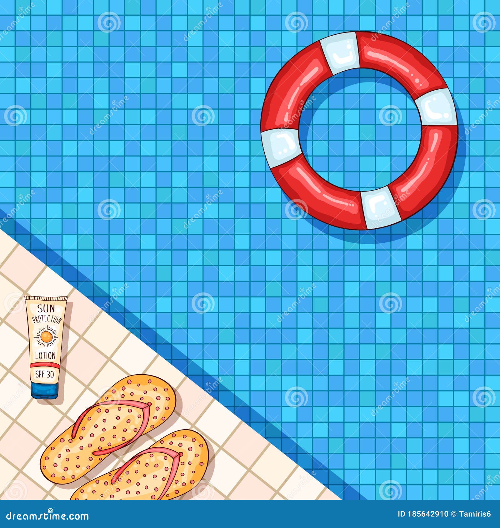 swimming pool background with lifebuoy and beach accessories