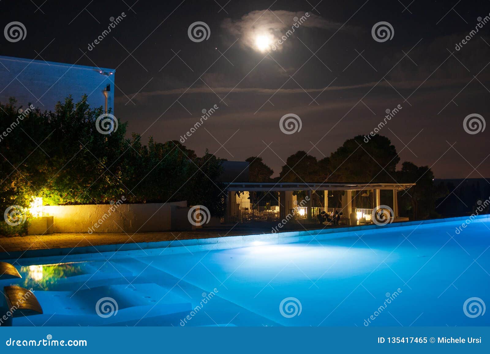 Swimming Pool At Night With Moon Stock Image Image Of Chair