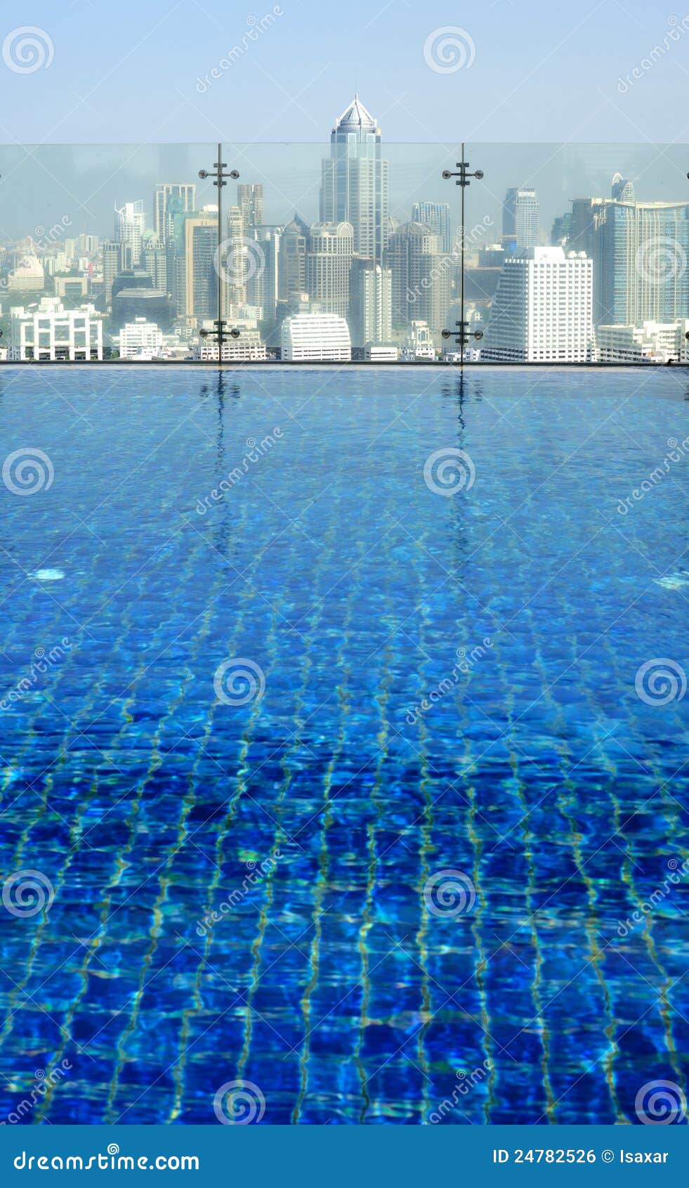 Swimming pool on the roof with a cityscape