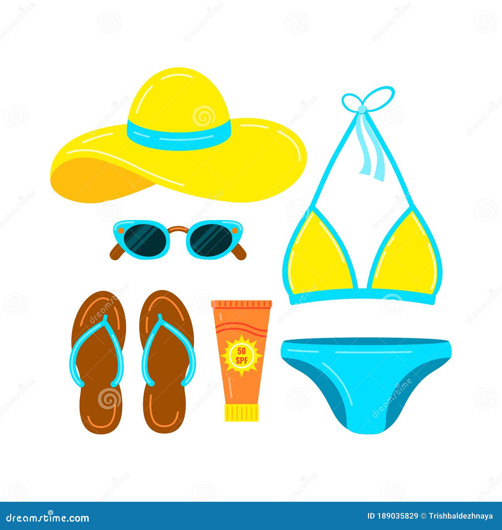 Swimsuit, Slippers, Hat, Sunglasses and Sunscreen Vector Icon Set ...