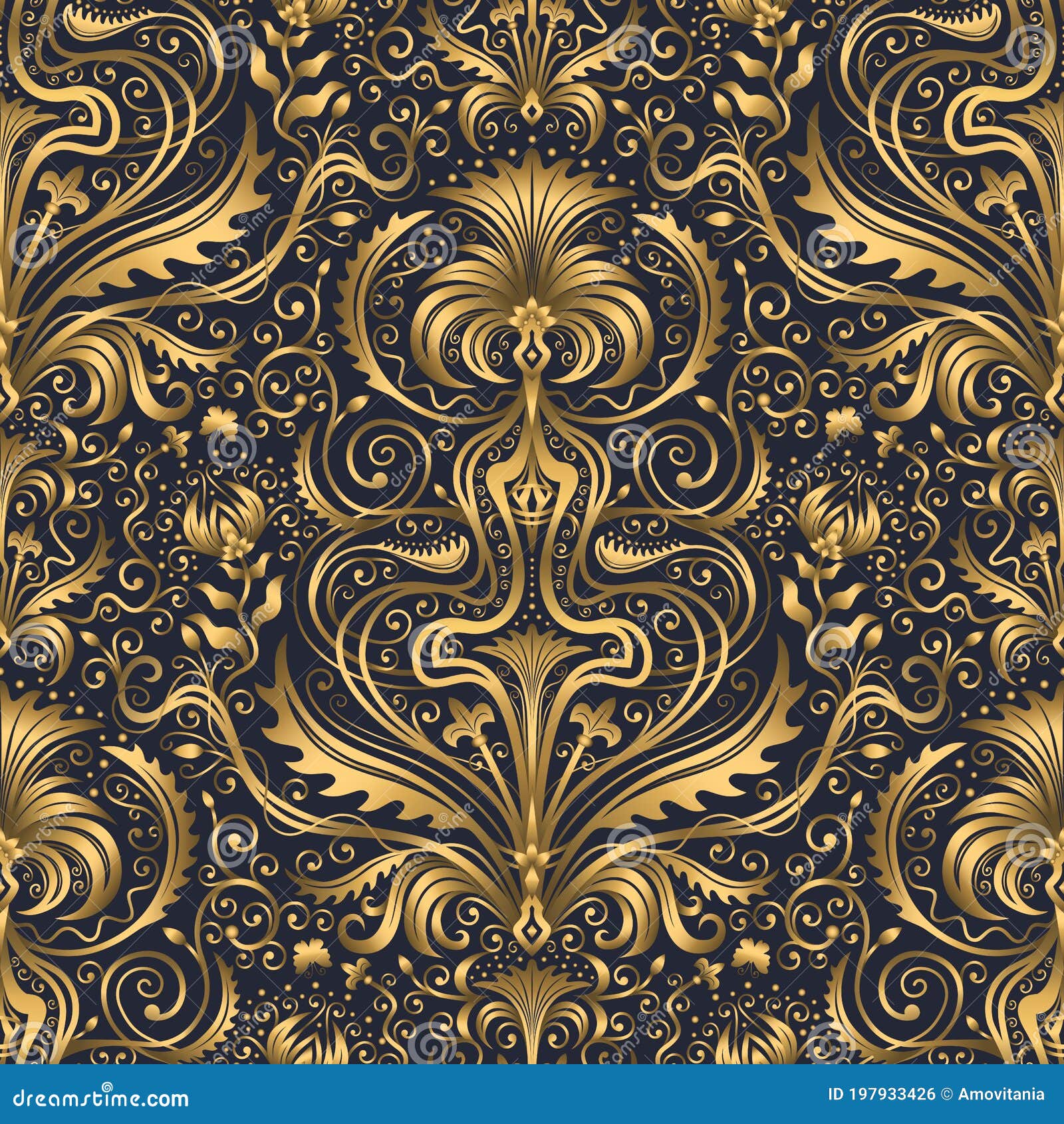 Swirl Pattern. Seamless Gold and Navy Blue Ornament. 3D Effect Stock ...