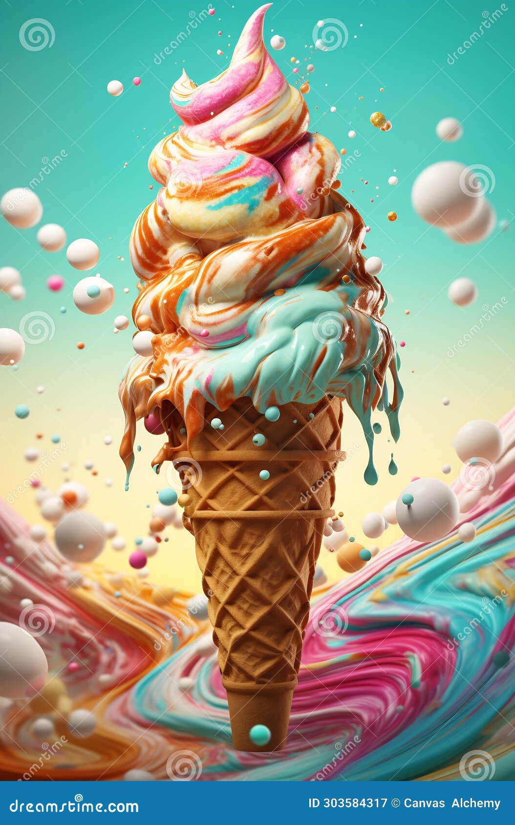 swirling ice cream cone with whimsical toppings
