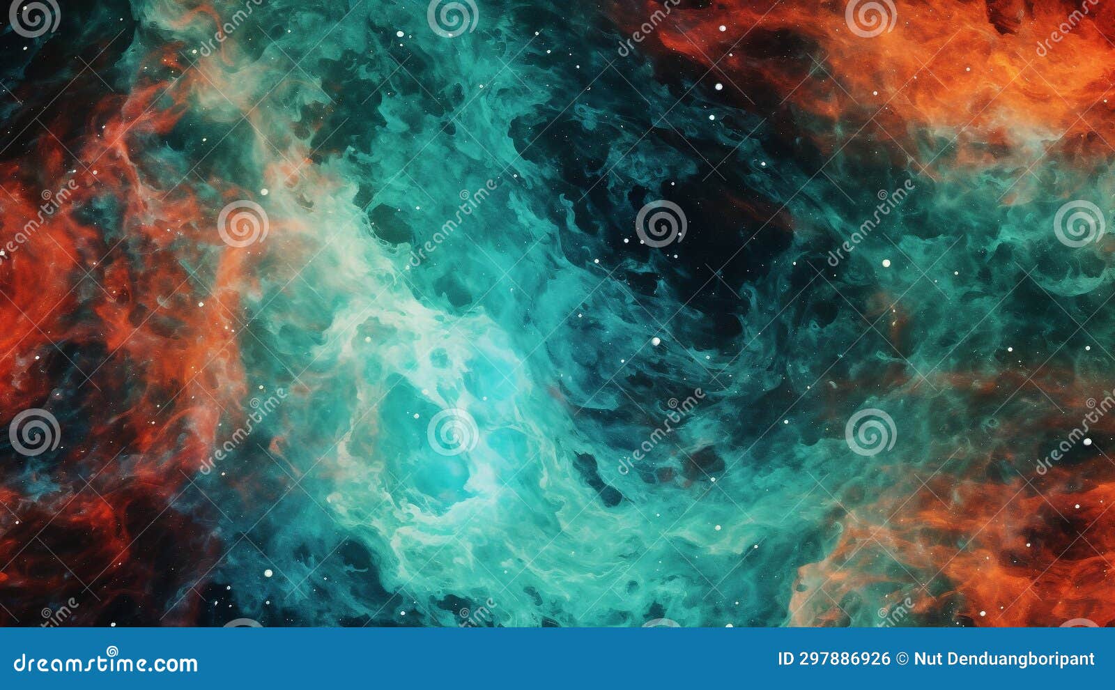 swirling nebula patterns in cosmic coral and interstellar turquoise