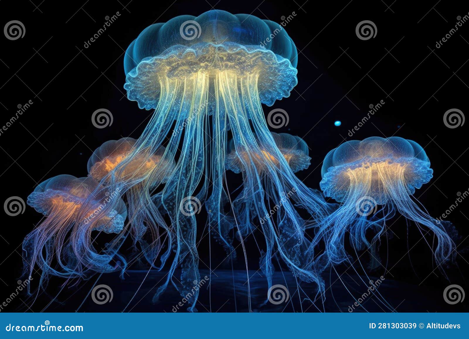 Swirling Patterns of Illuminated Jellyfish in Motion Stock Illustration