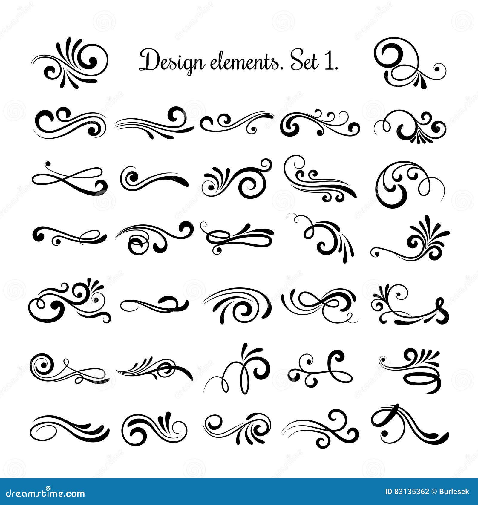 swirly line curl patterns  on white background.  flourish vintage embellishments for greeting cards