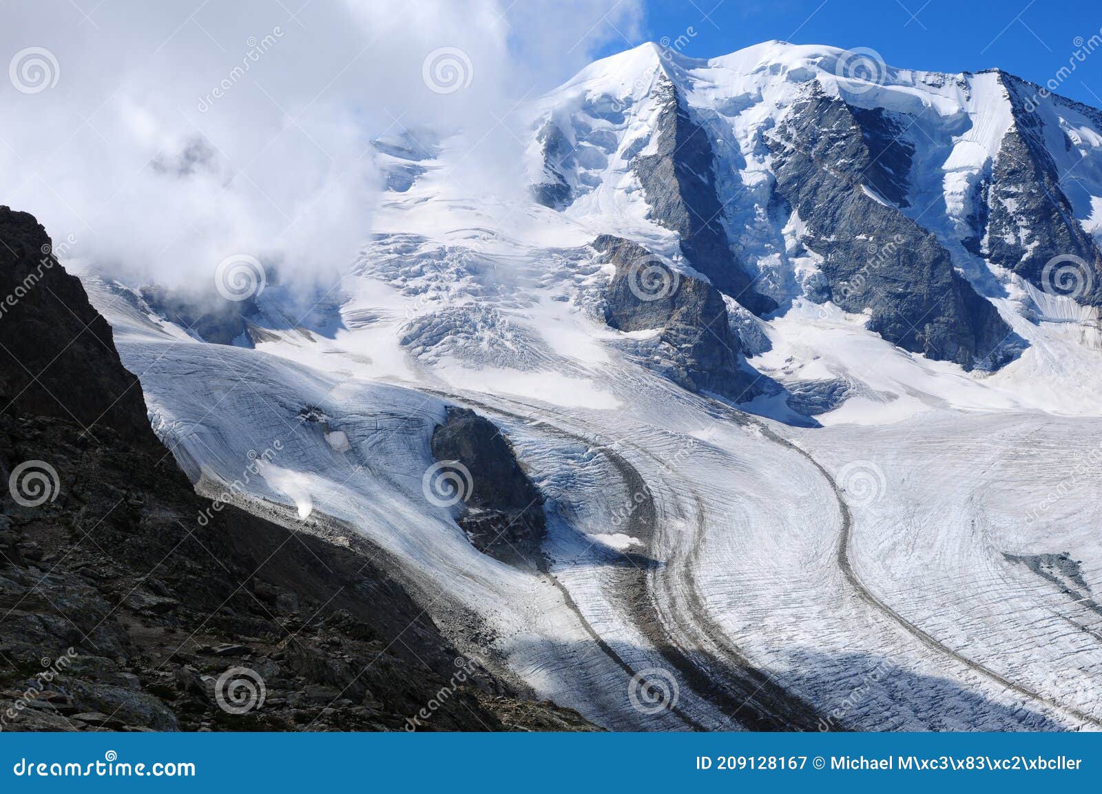 swiss alps: piz palÃÂ¼ peak and melting glaciers due to global clima change