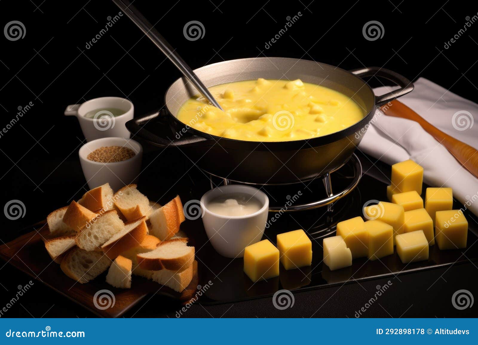 Swiss Cheese Fondue Pot with Bread Cubes Stock Photo Image of cuisine, fondue 292898178