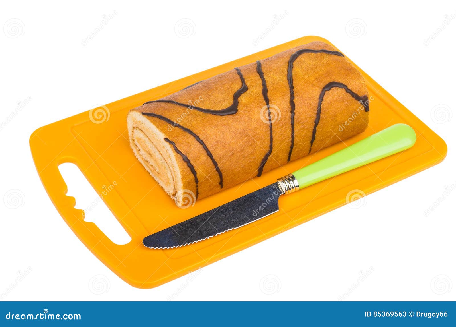 Swiss Roll Cake on Cutting Board and Knife on White Stock Image Image