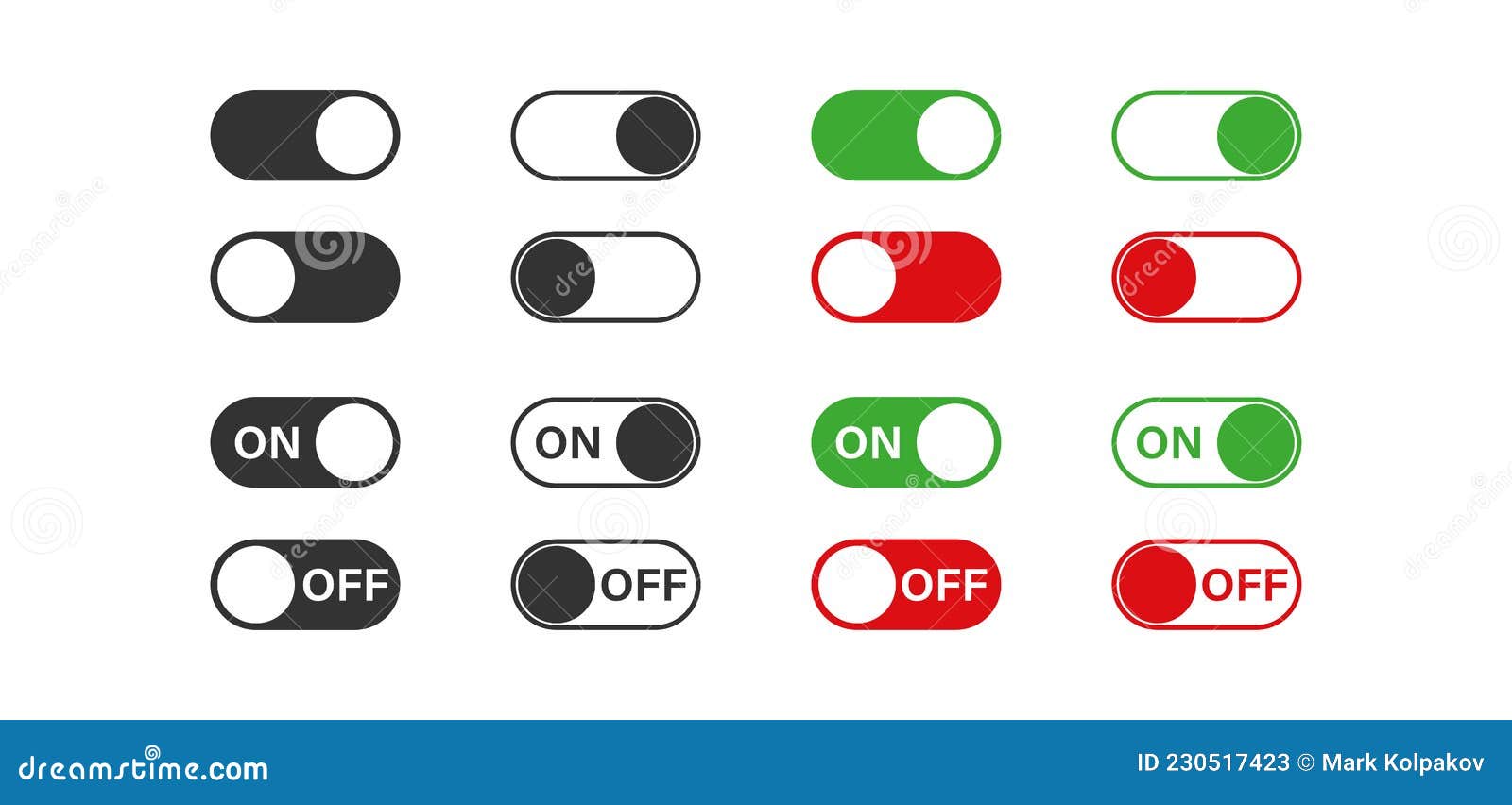 Switch Toggle Buttons. on and OFF Vector Icons Set in Flat Style