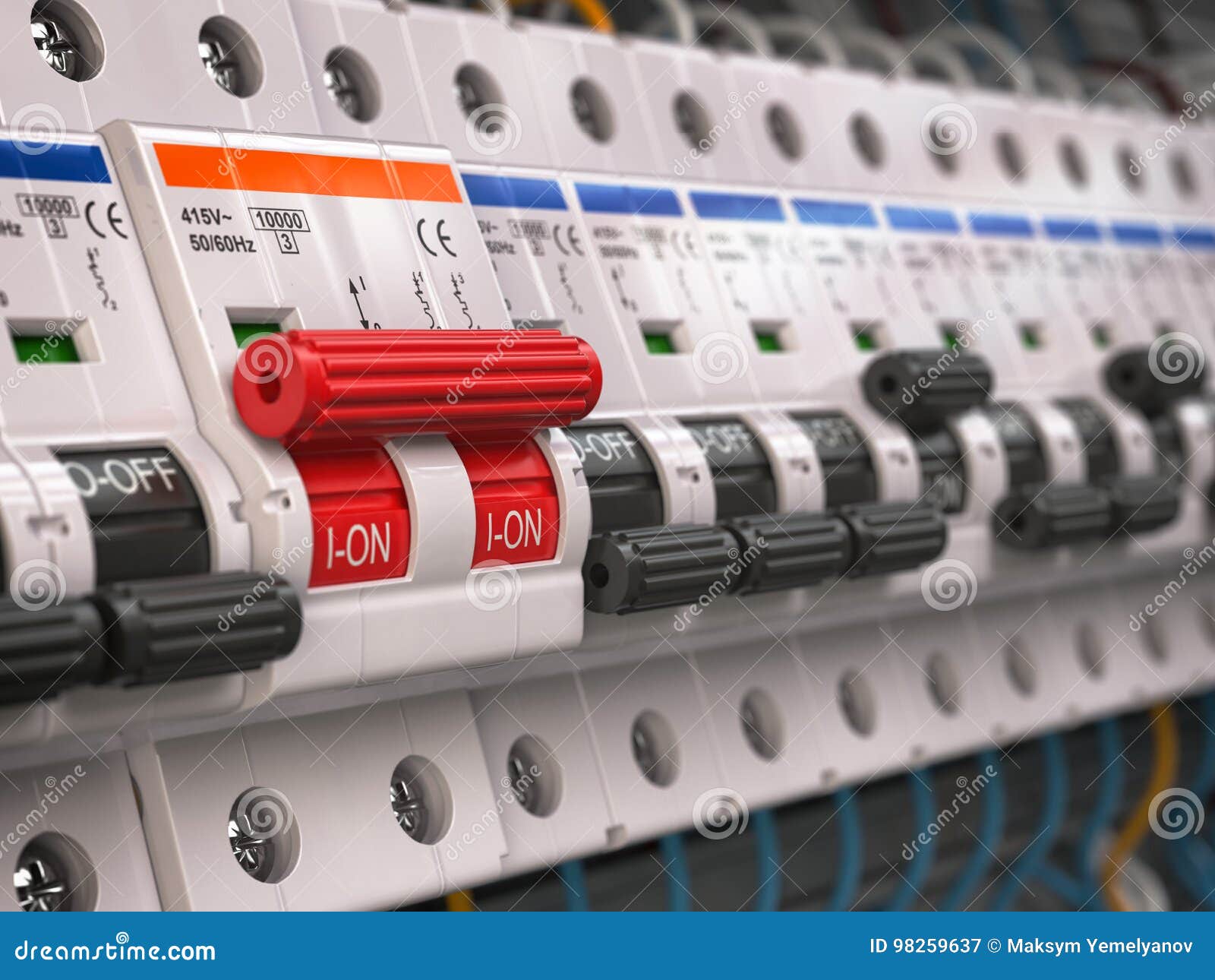 Switches in Fusebox. Many Black Circuit Breakers in a Row Stock