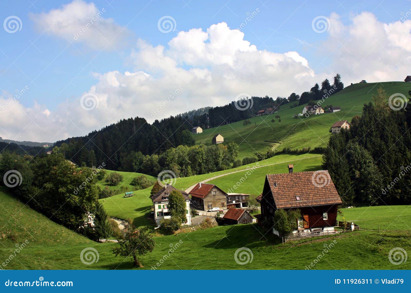 Switzerland. Algum campo suíço do mangueiras e campos bonitos