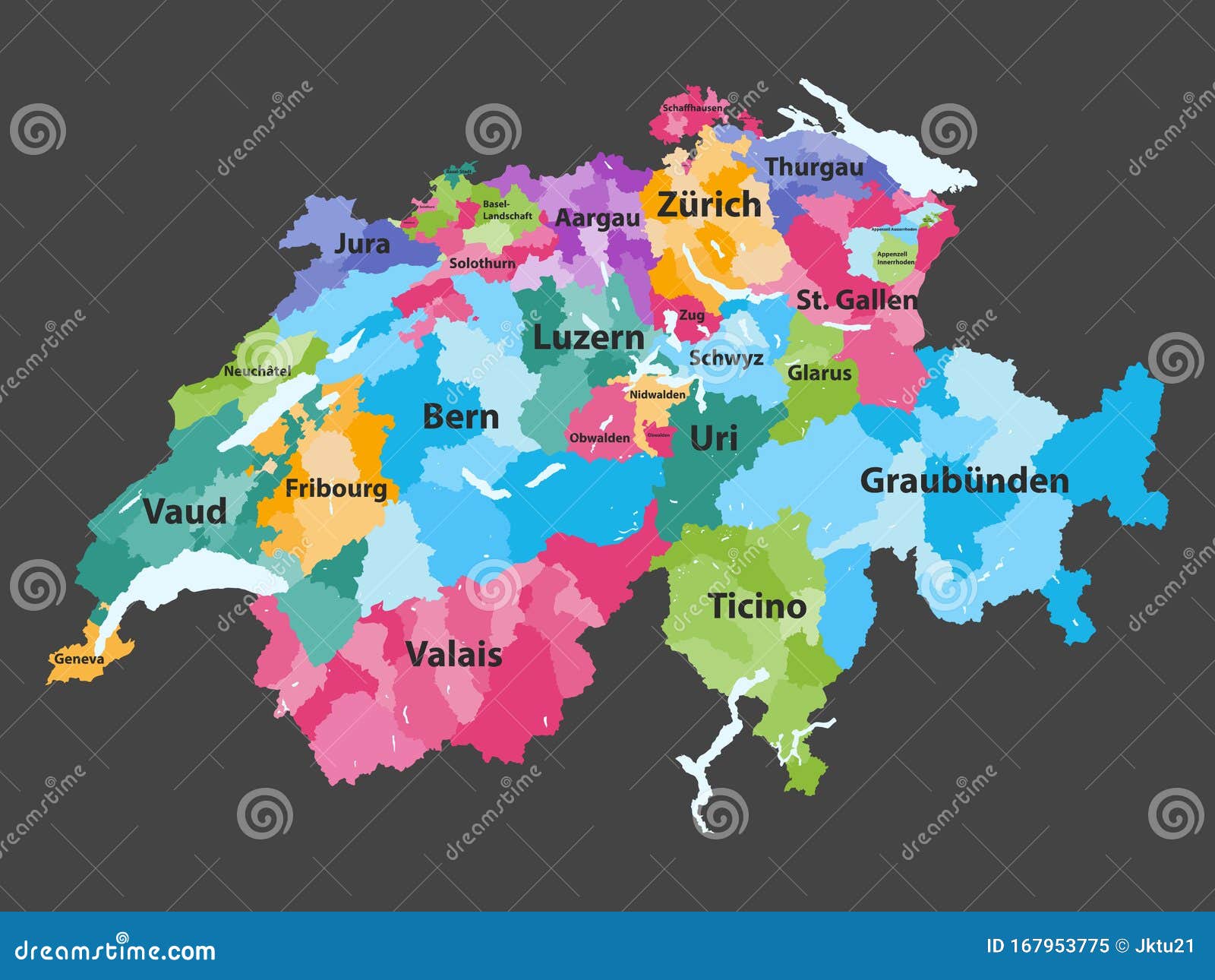 switzerland  map colored by cantons with districts boundaries