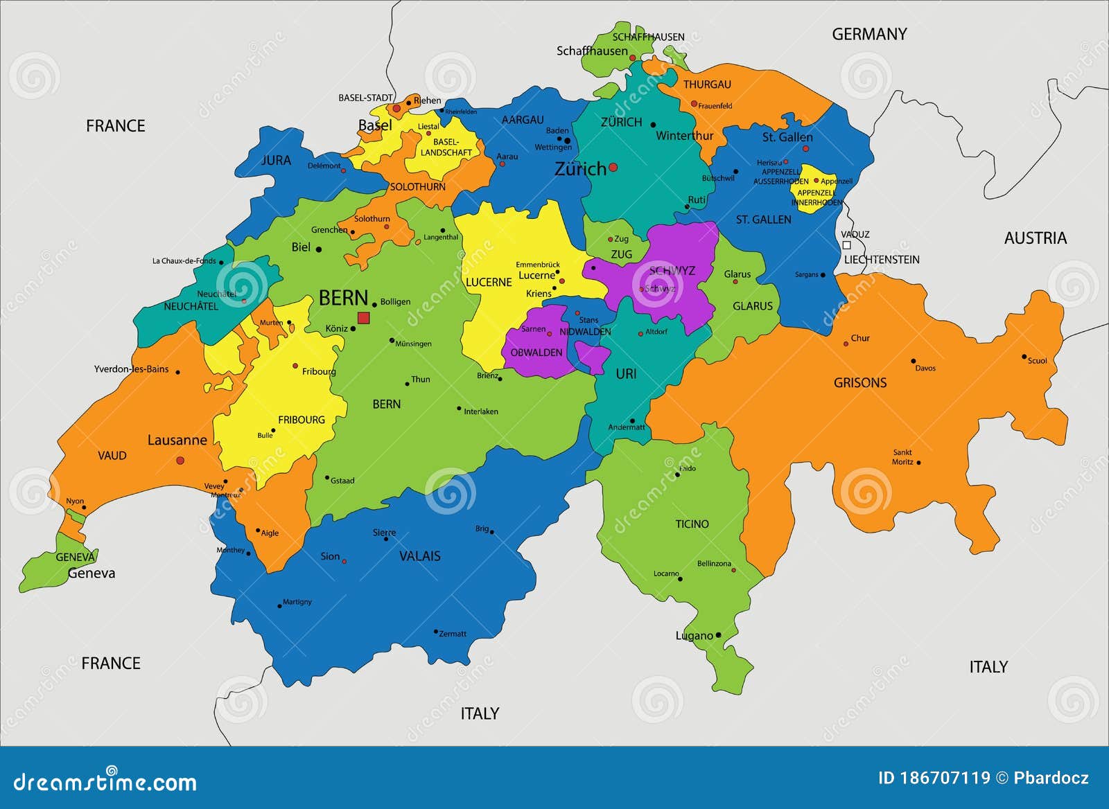 Colorful Switzerland Political Map with Clearly Labeled, Separated