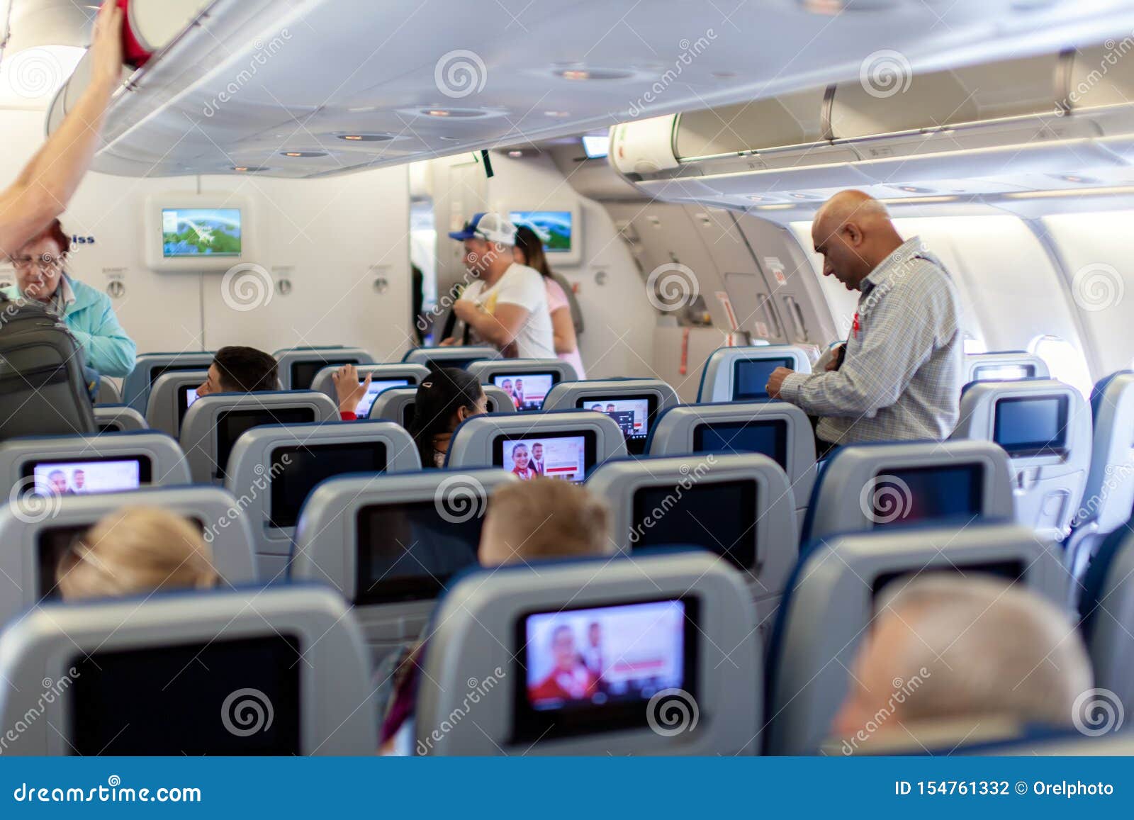 Aircraft Interior With Seats And Blank Touch Screens Displays