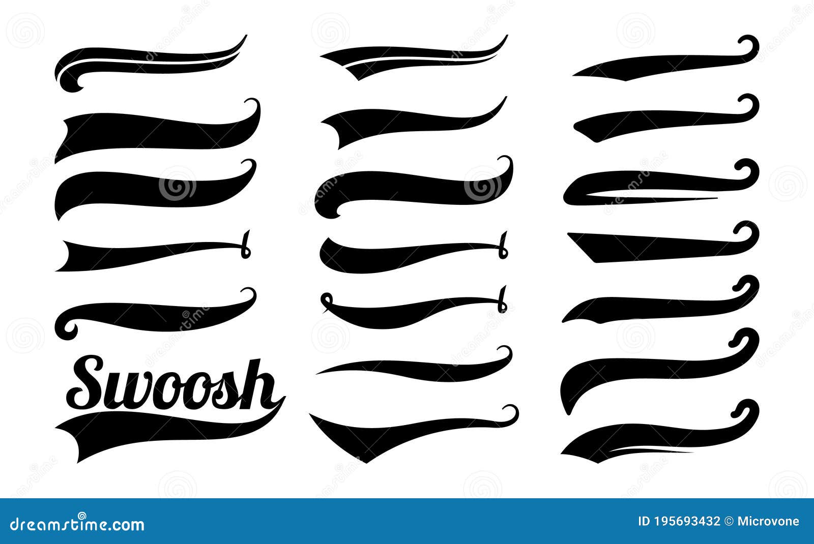 Text swooshes collection. Tail typography retro font graphic elements  baseball letters designs vector objects. Illustration black underline  swirl, swoosh stroke set Stock Vector