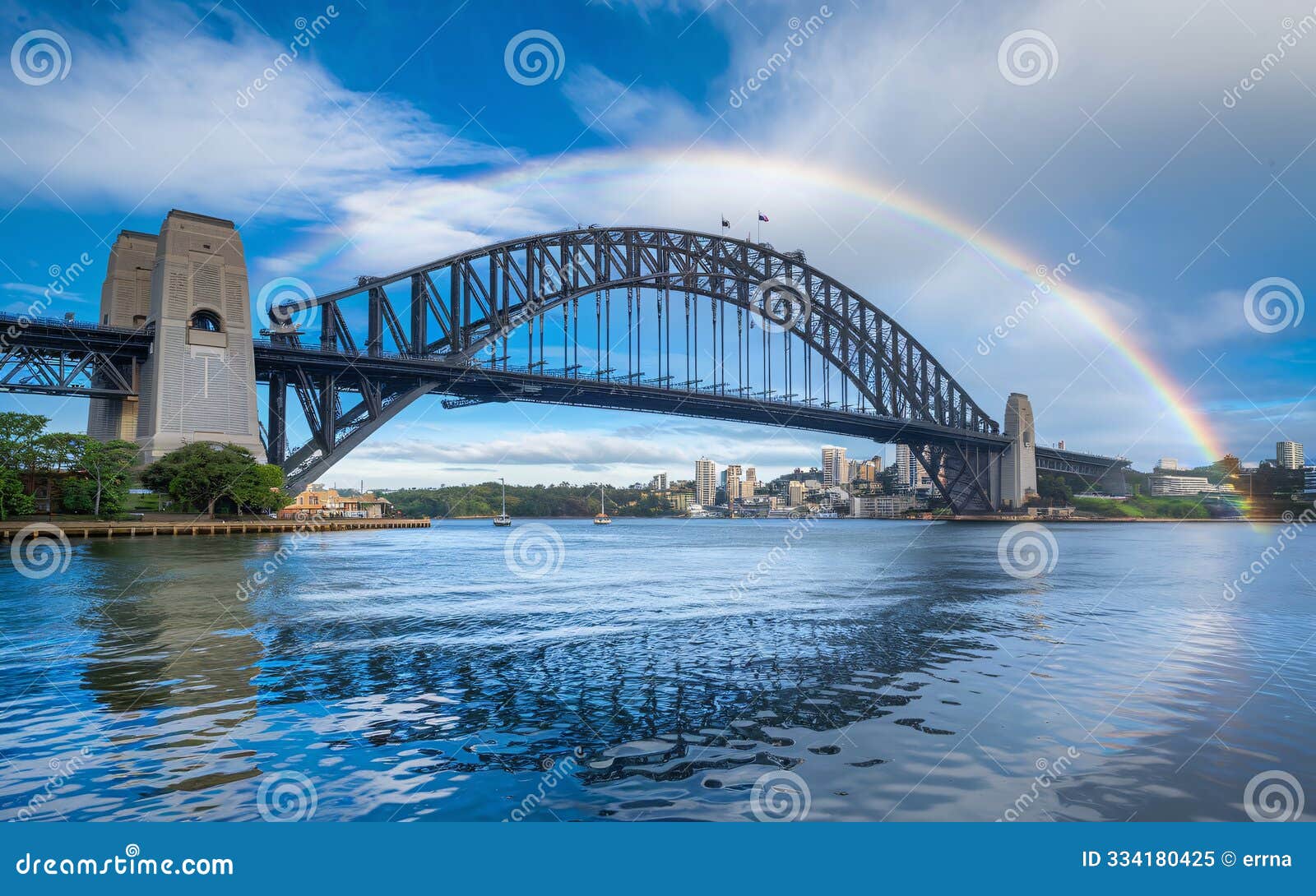 generative-ai, sydney harbour bridge with a vibrant rainbow arching overhead