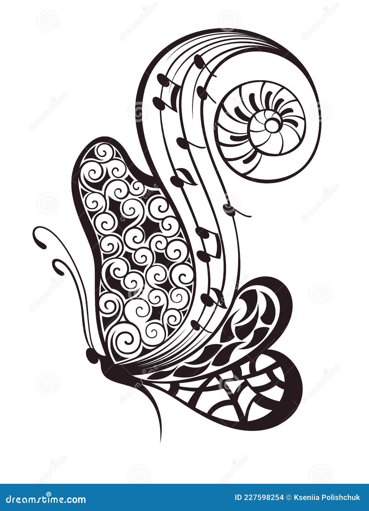 Butterfly notes music tattoo Royalty Free Vector Image