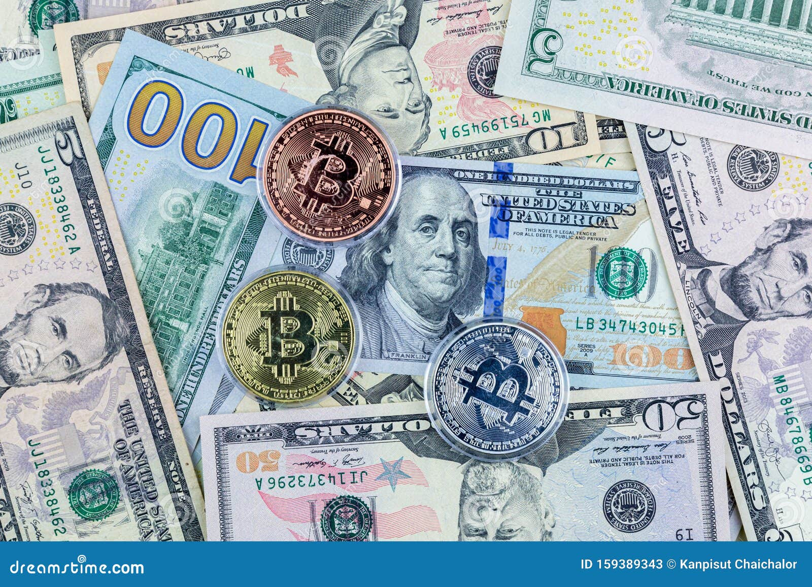 Symbol Coins Of Bitcoin On Banknotes Of US Dollars ...