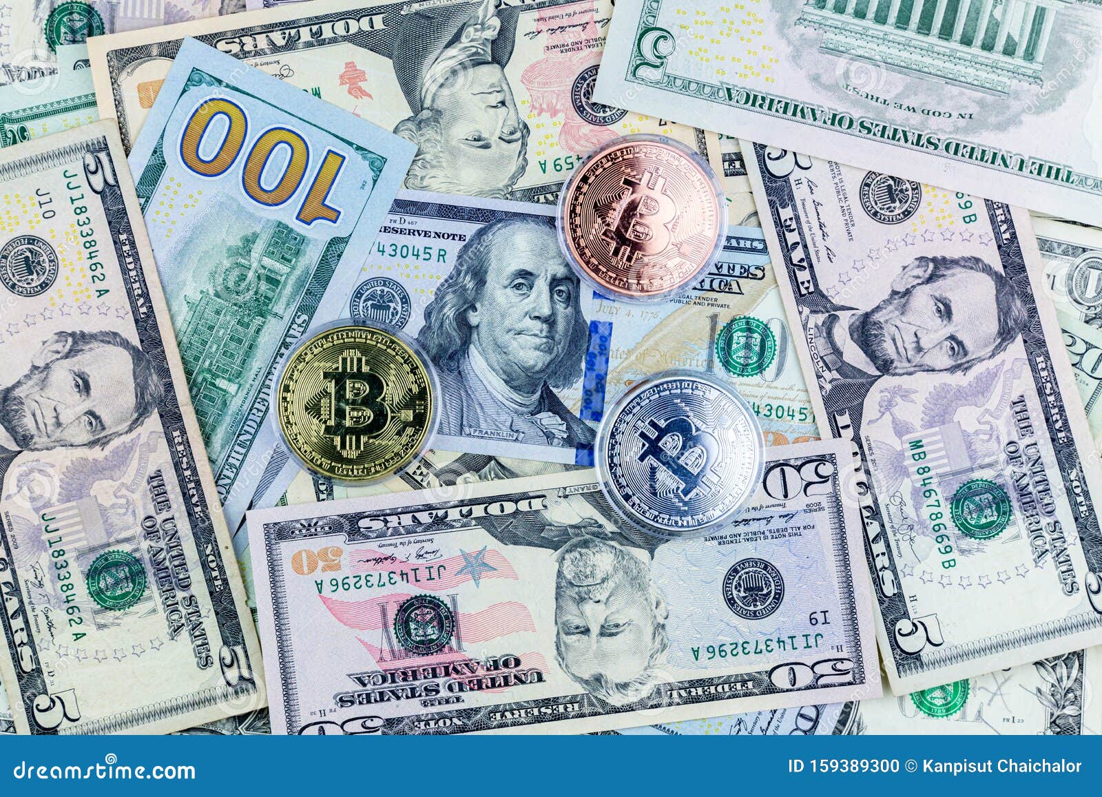 Symbol Coins Of Bitcoin On Banknotes Of US Dollars ...