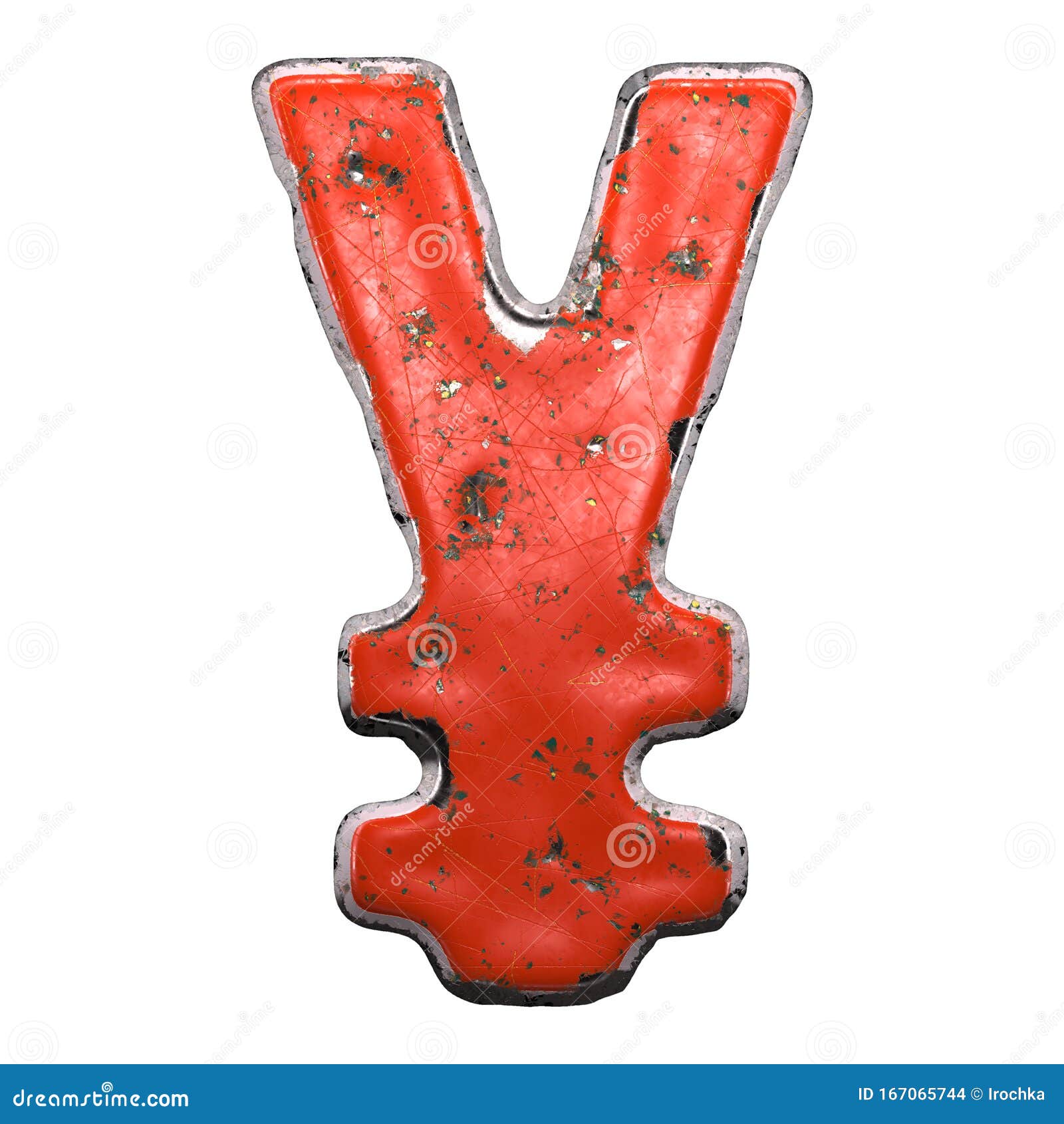  yen made of red paintad metal  on white background. 3d