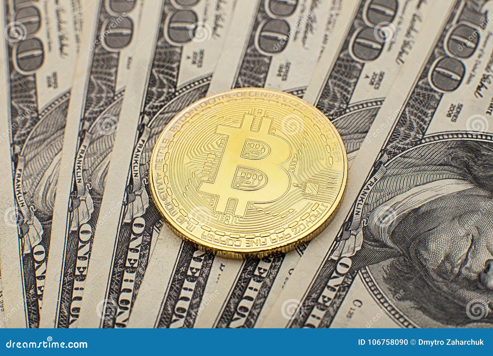 Golden Bitcoin Coin On Us Dollars Close Up Stock Photo Image Of - 
