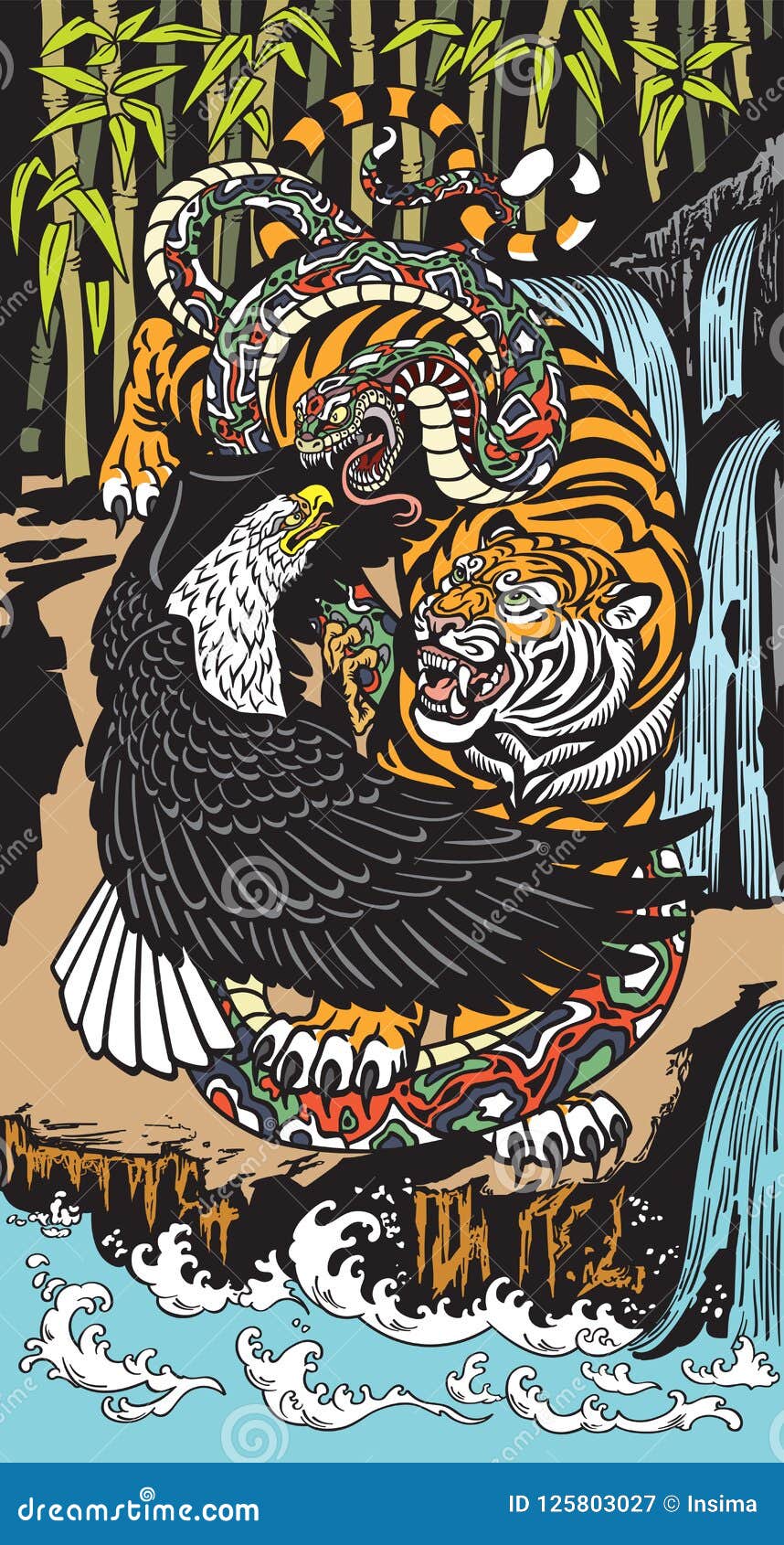 ic tiger eagle and snake in a landscape