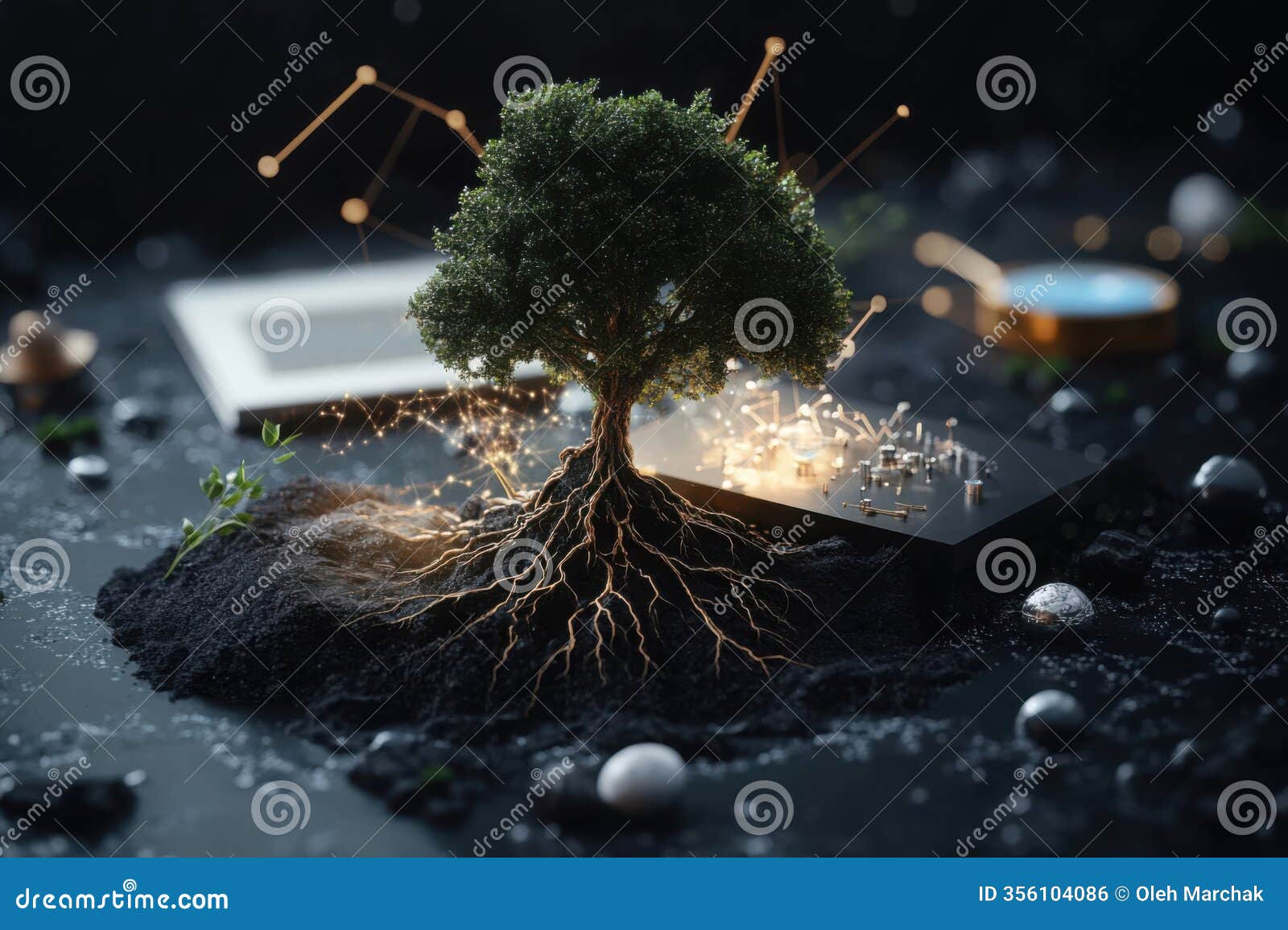 ic tree with deep roots intertwines with technology, representing growth and connection to nature