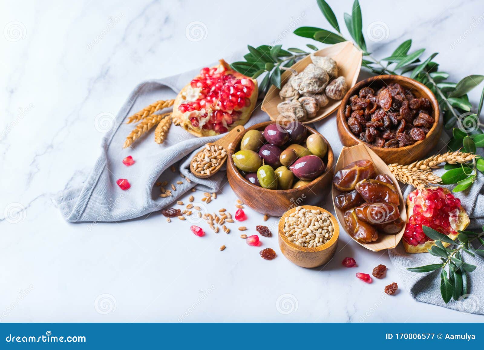 Tu Bishvat Holiday Symbols - Dried Fruits, Pomegranate, Barley, Wheat ...