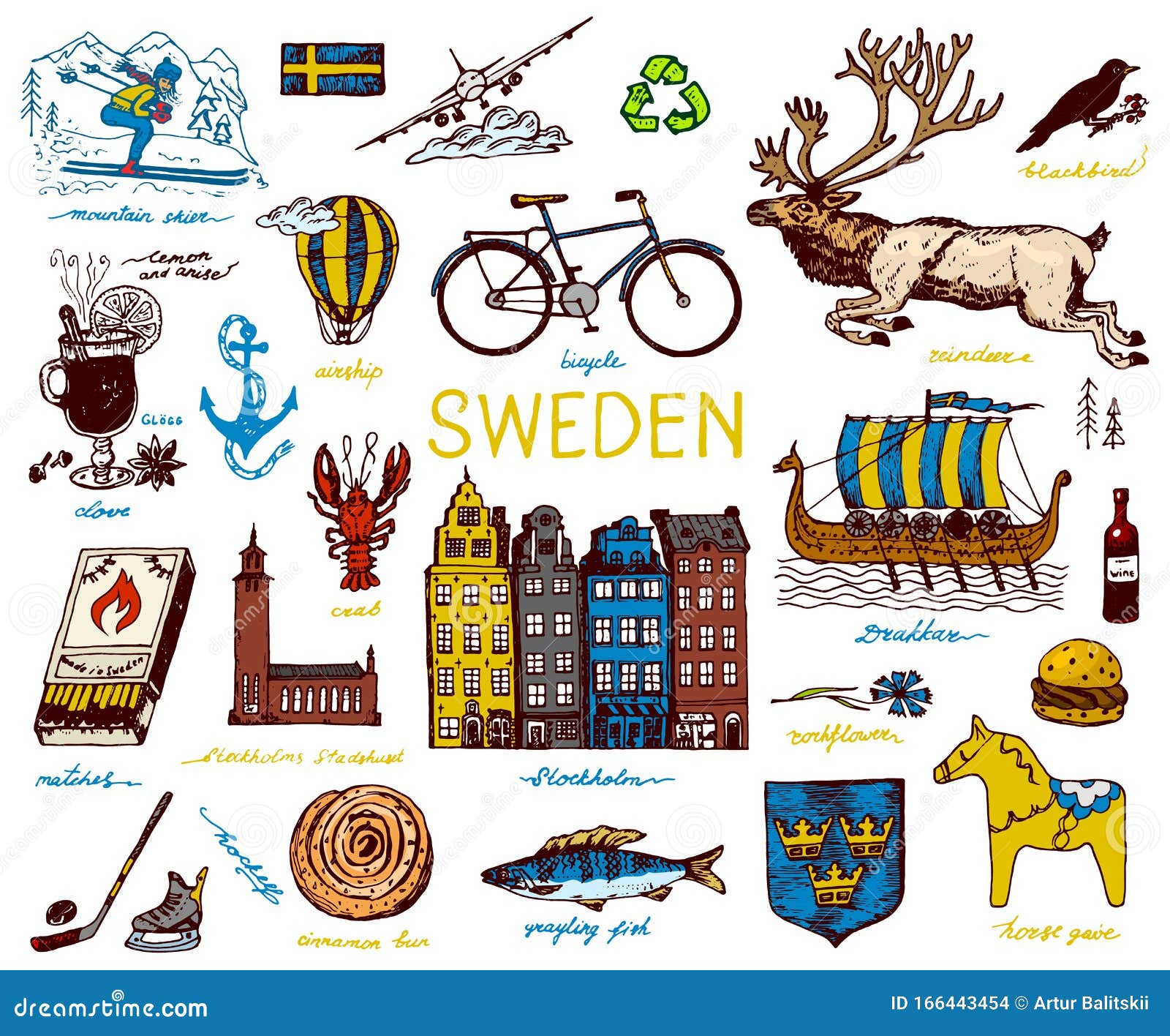 Symbols of Sweden in Vintage Style. Retro Sketch with Traditional Signs  Stock Vector - Illustration of moose, drakkar: 166443454