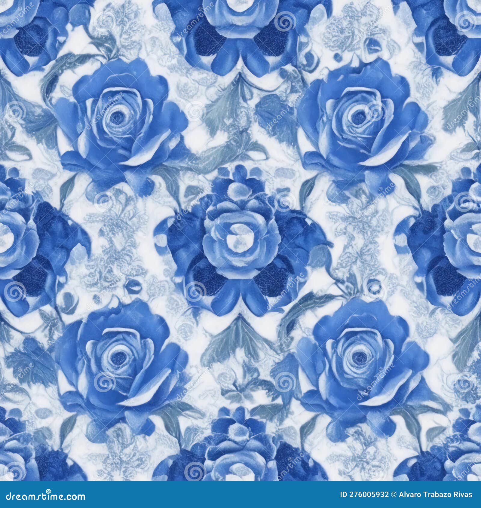 Symmetrical Blue and White Roses Pattern Style Stock Illustration