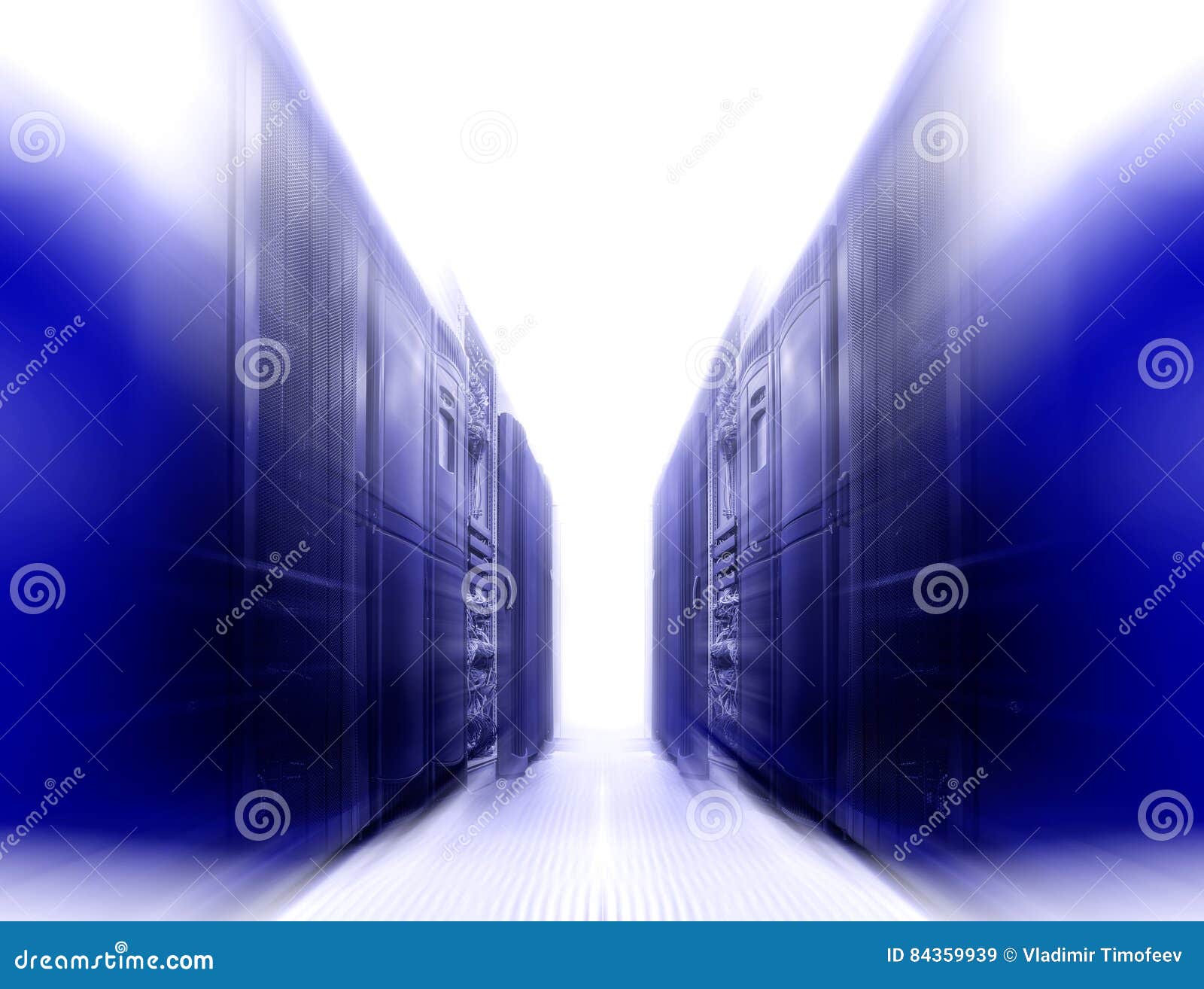 Symmetrical Futuristic Modern Server Room in Data Center with Bright