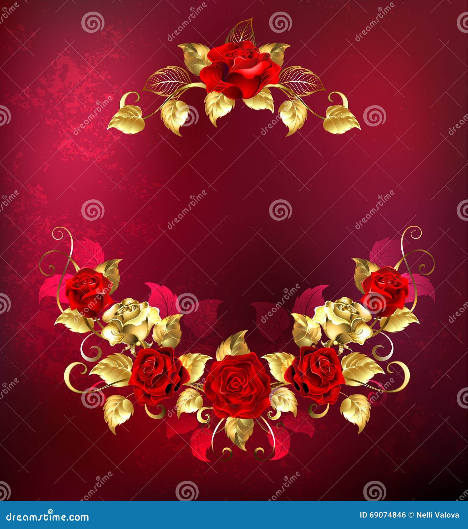 symmetrical garland of gold and red roses