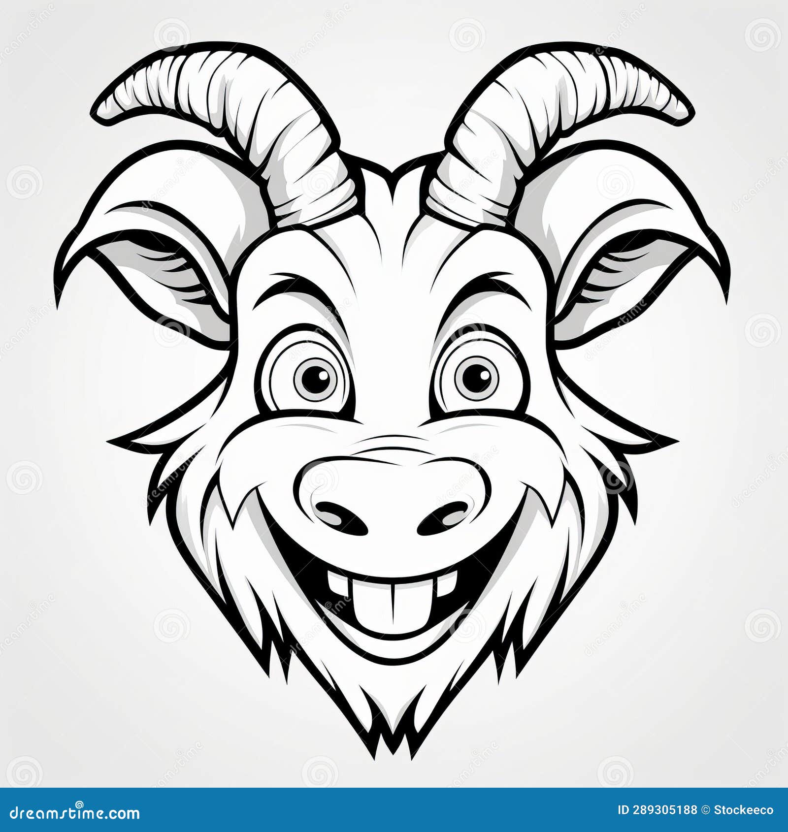 symmetrical harmony lively cartoon goat head tattoo black white coloring book whimsical funny smiling playful 289305188