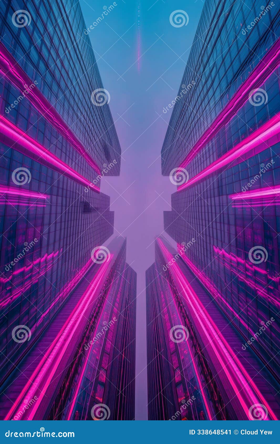 symmetrical layout of synthwave-inspired skyscrapers