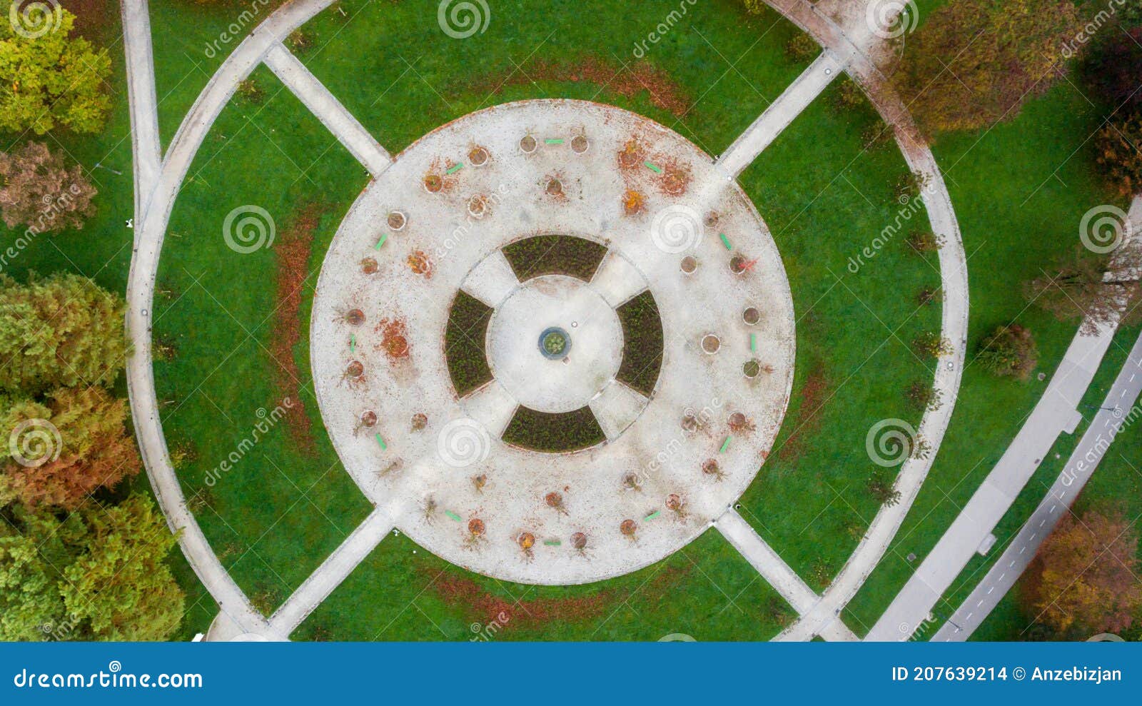 symmetrical park formation viewed from bird's eye view.