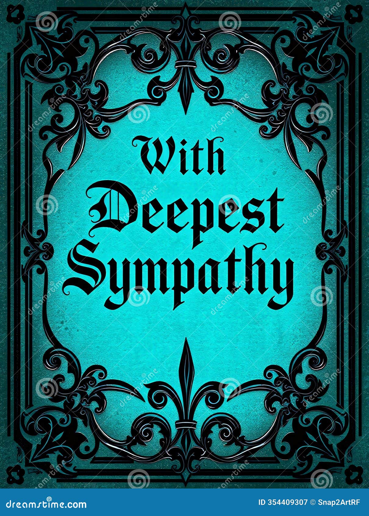 sympathy condolences card message - deepest sympathy card text in teal, blue, and black with decorative border, ornate gothic font
