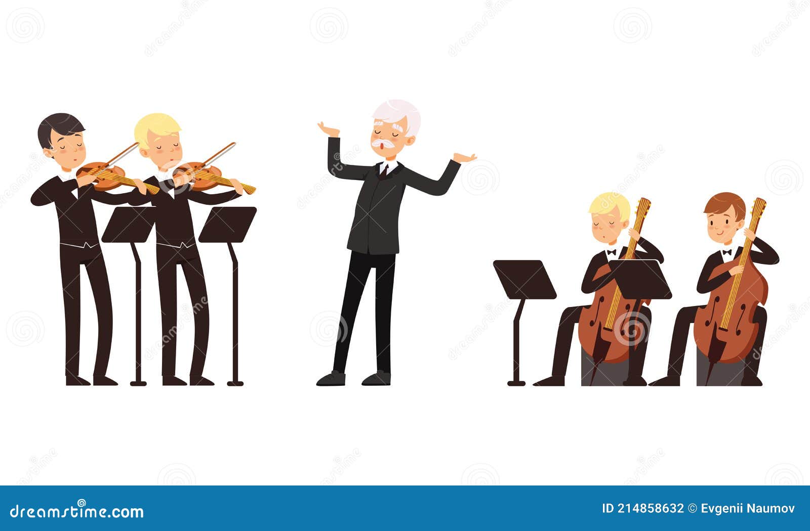 symphonic orchestra playing classical music performing on stage, conductor and musicians playing violins cello cartoon