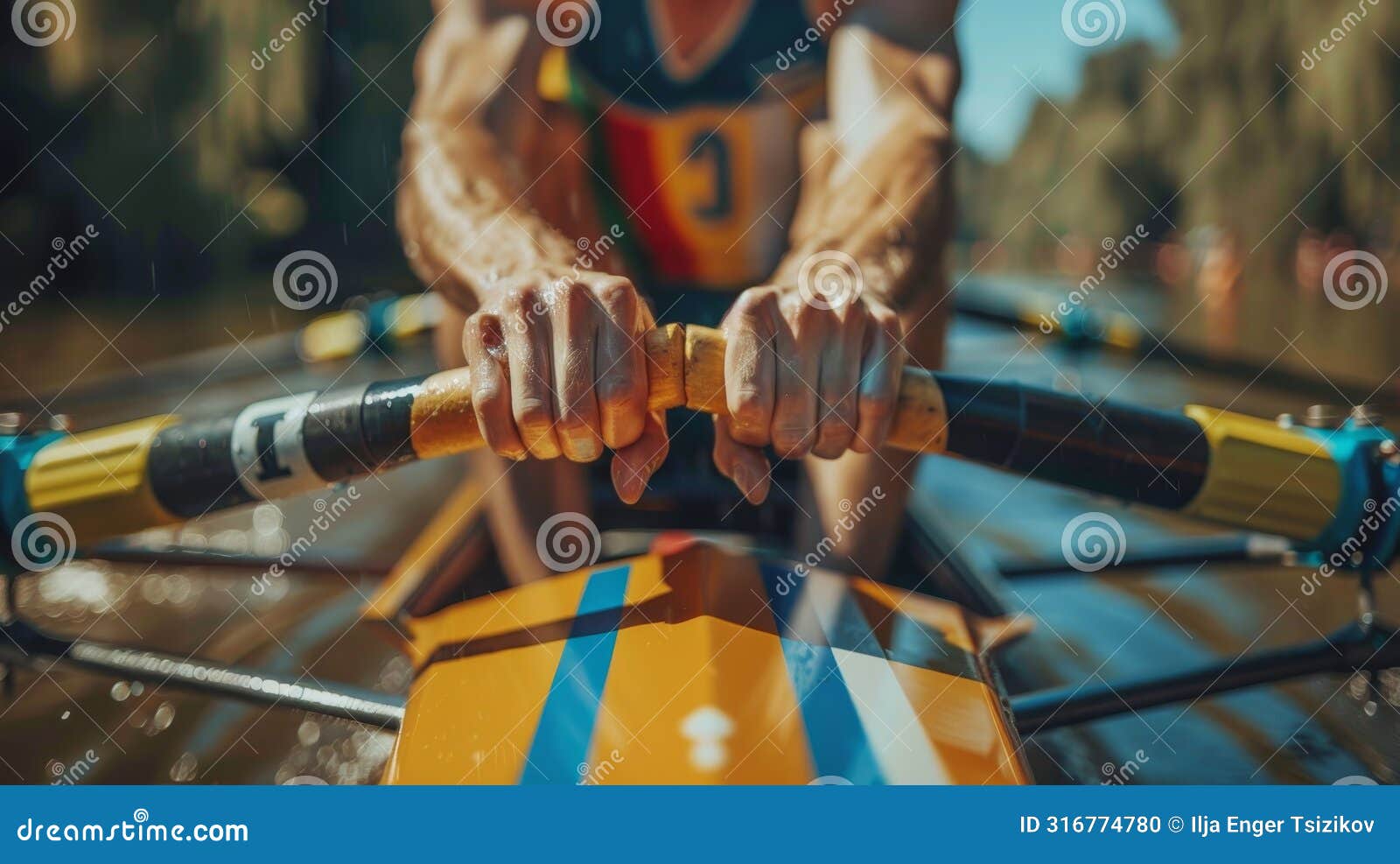 Synchronized Rowers Hands on Oar Perfect Teamwork Display in Summer Olympic Games Stock