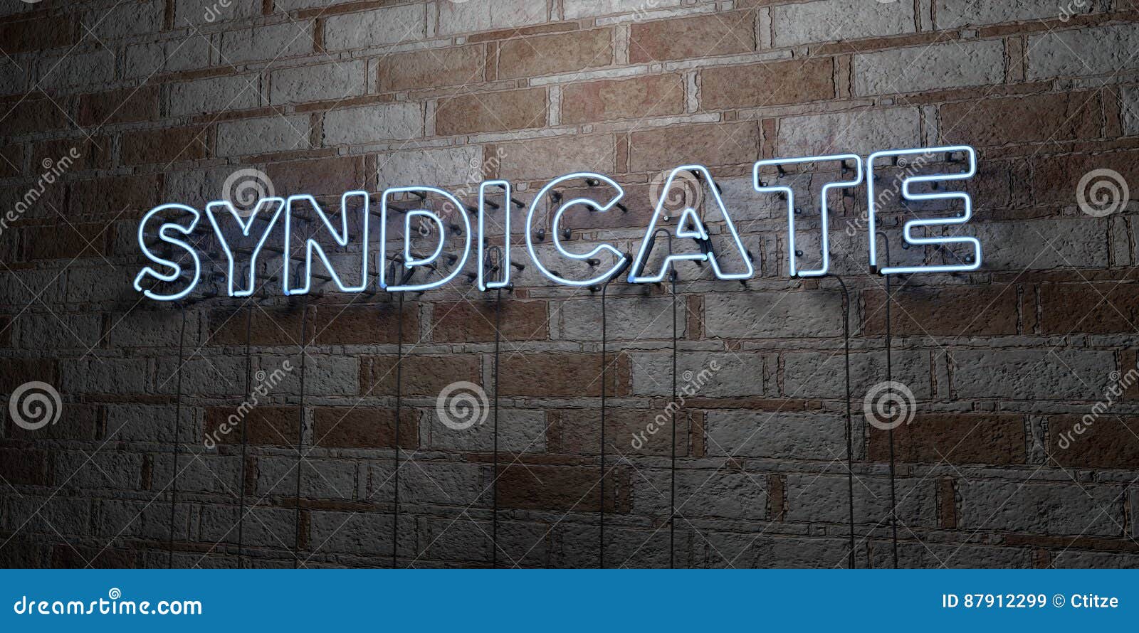 syndicate - glowing neon sign on stonework wall - 3d rendered royalty free stock 