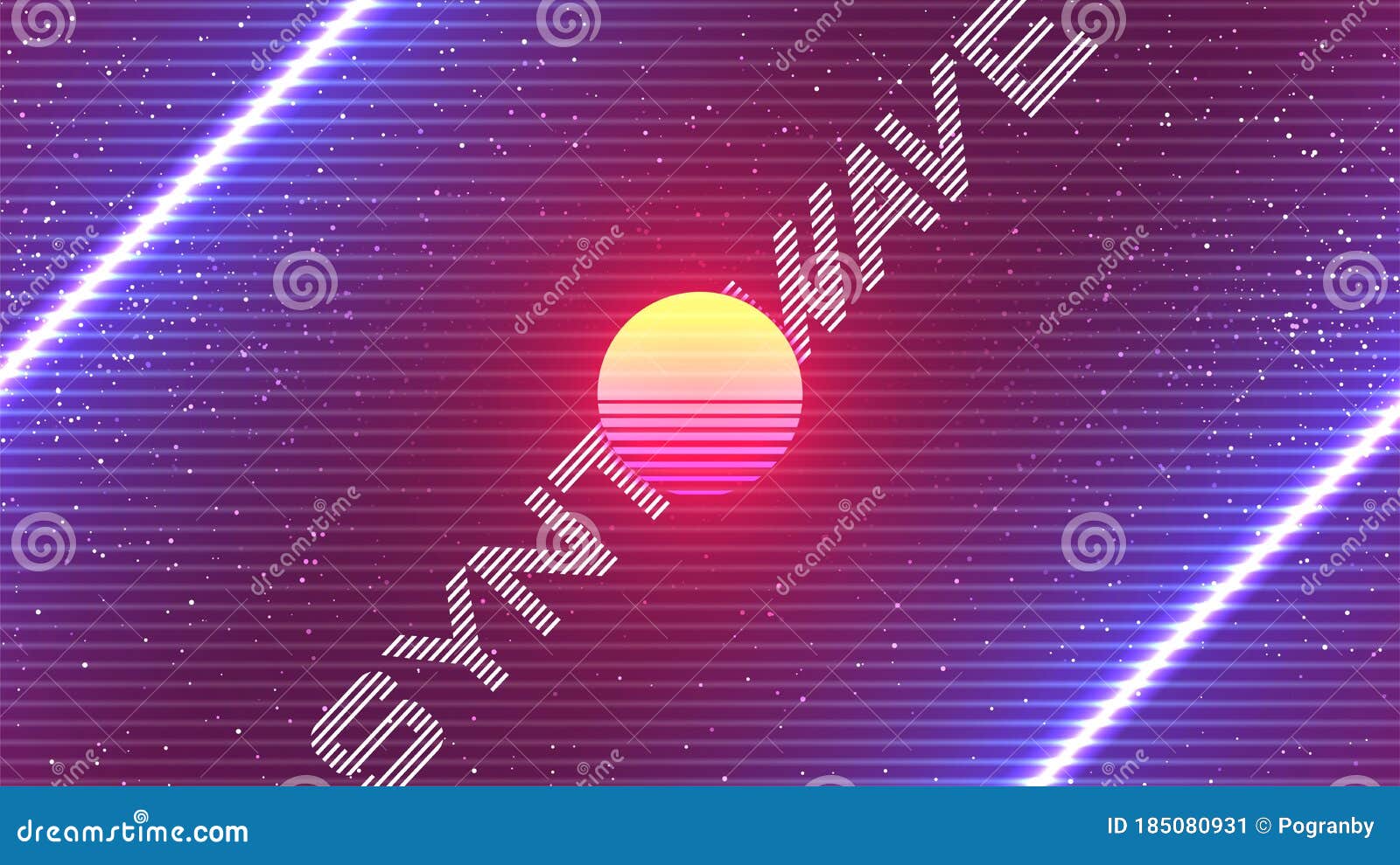 synthwave abstract background. retro future 80s backdrop. sun with neon lights and horizontal lines. synthwave party flyer, cover